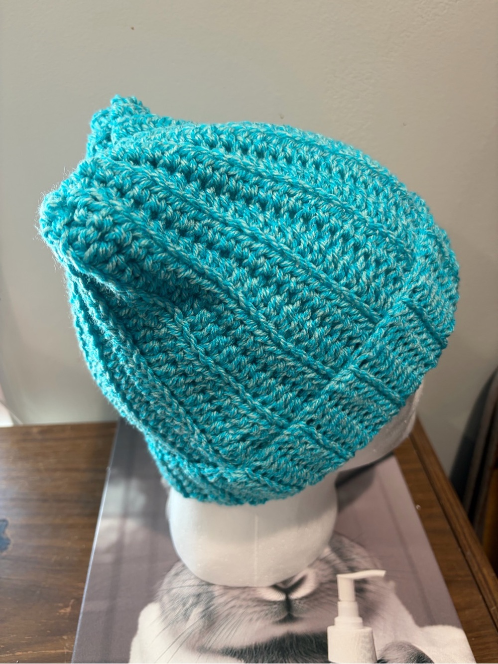Handmade Turquoise Crochet Cat Ear Beanie | Cozy Kitty Hat - Picture 3 of 5